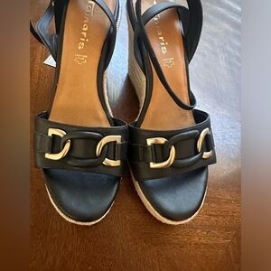 Tamaris Black Ankle Strap Espadrille Wedge Sandals
